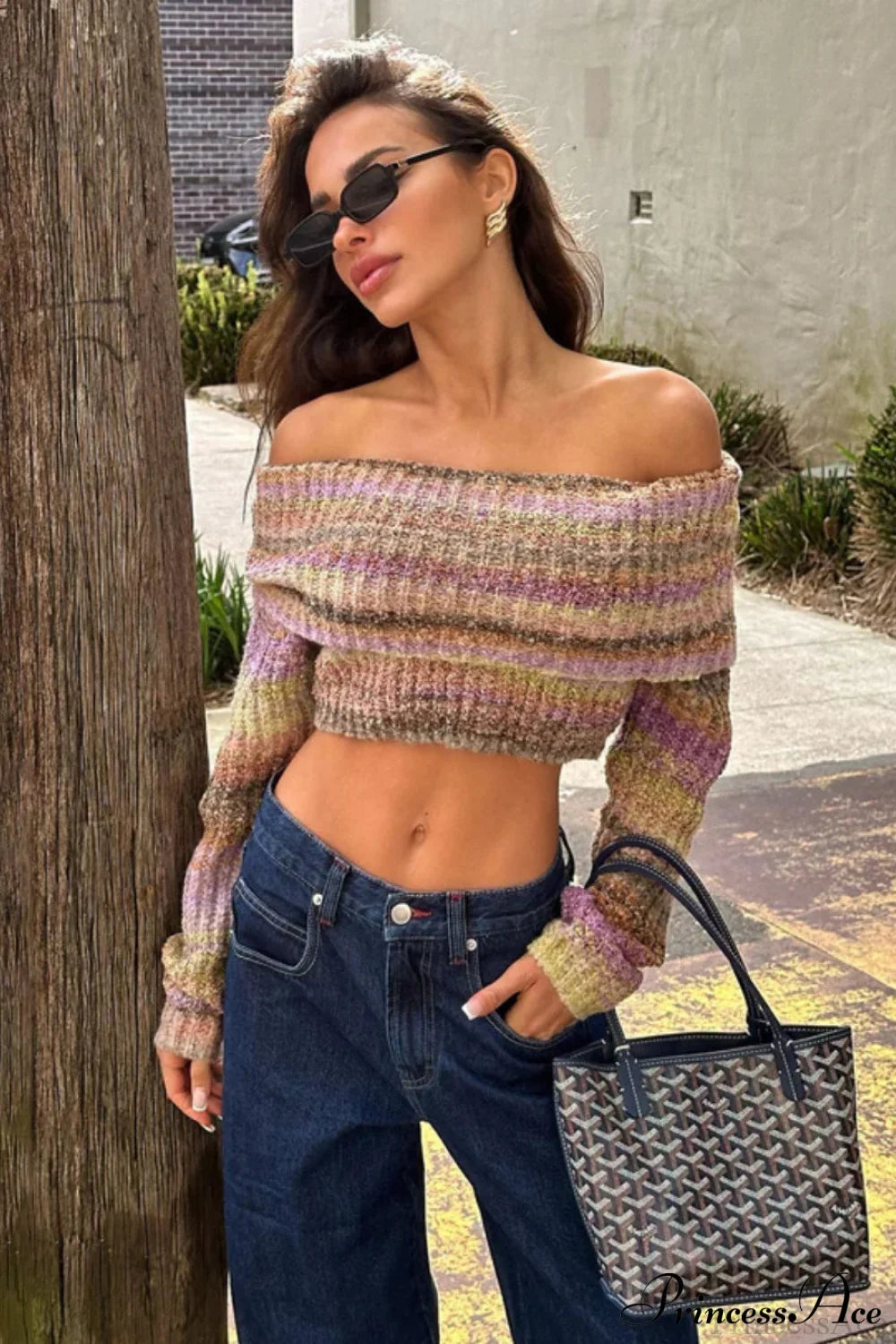 Striped Knit Fitted Off Shoulder Long Sleeve Crop Top Purple / S