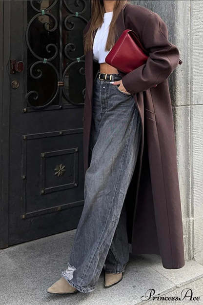 Striped Long Collared Elegant Trench Overcoat