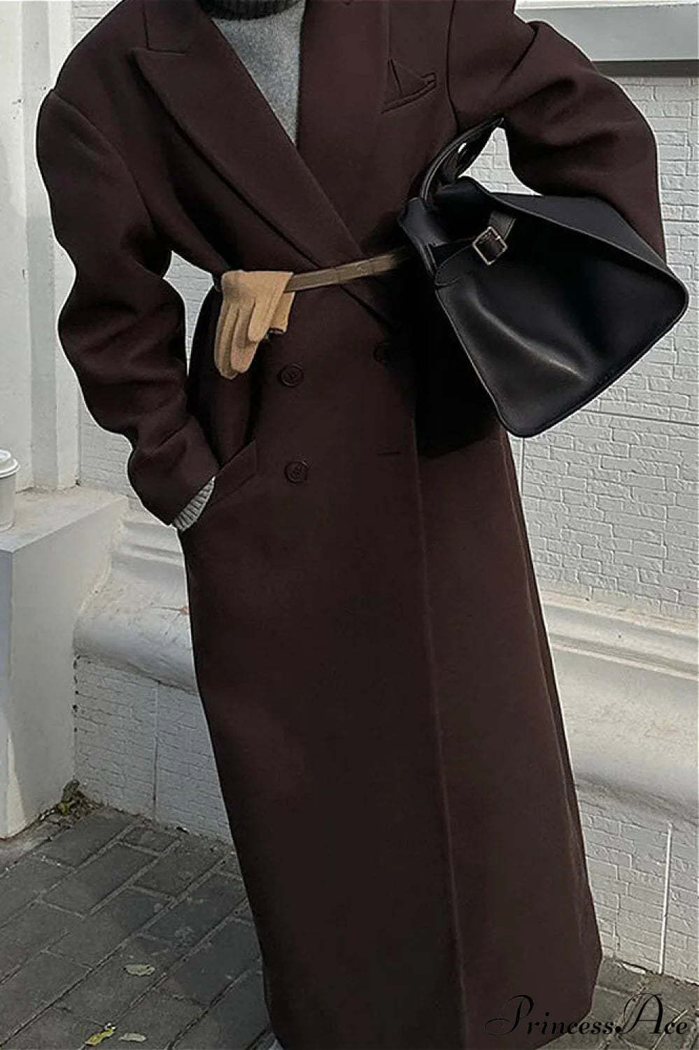 Striped Long Collared Elegant Trench Overcoat Brown / S