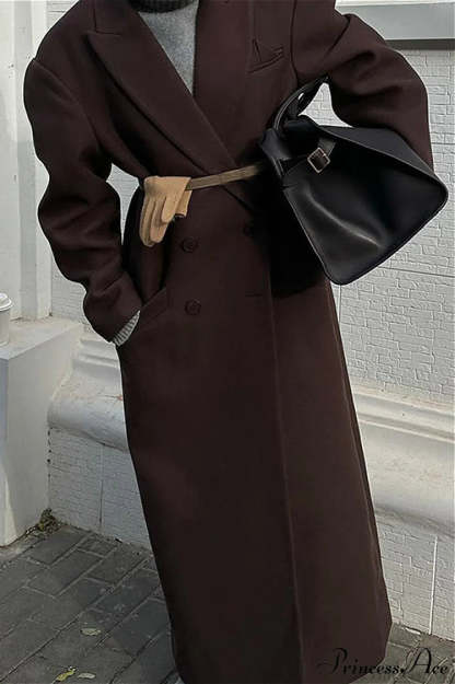Striped Long Collared Elegant Trench Overcoat Brown / S
