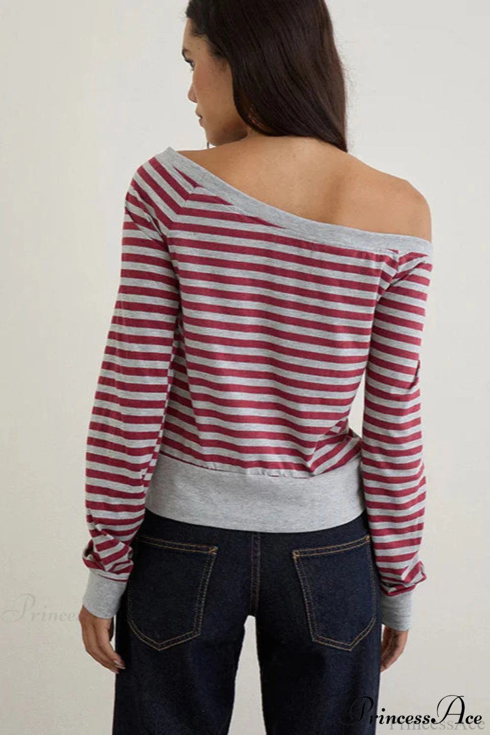 Striped Paneled Asymmetrical Neck Off Shoulder Short Long Sleeve Tee