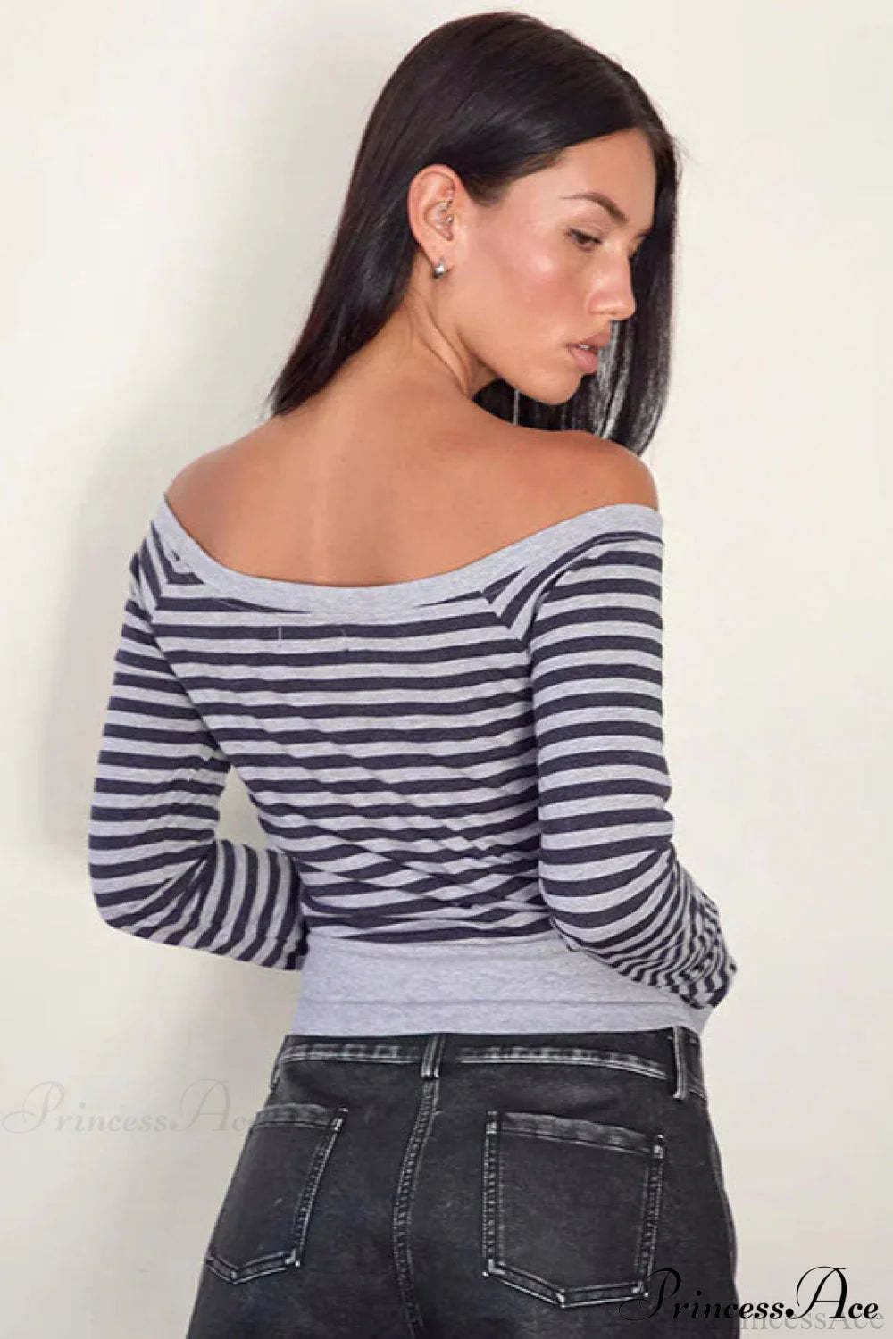 Striped Paneled Asymmetrical Neck Off Shoulder Short Long Sleeve Tee