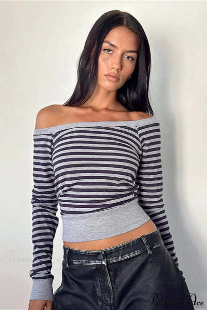 Striped Paneled Asymmetrical Neck Off Shoulder Short Long Sleeve Tee