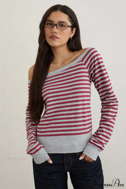 Striped Paneled Asymmetrical Neck Off Shoulder Short Long Sleeve Tee Red / S