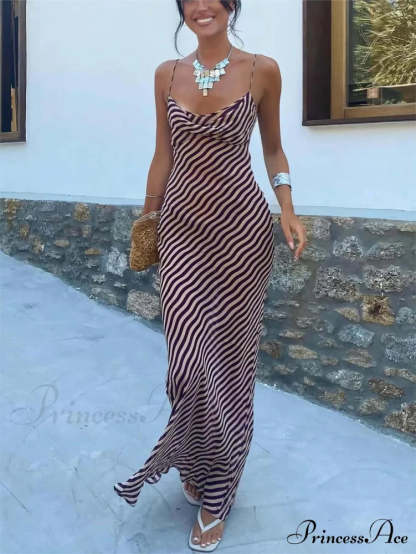 Striped Sexy Slim-Fitting Charming Strappy Chest-Length Floor-Length Dress Brown / S Dresses