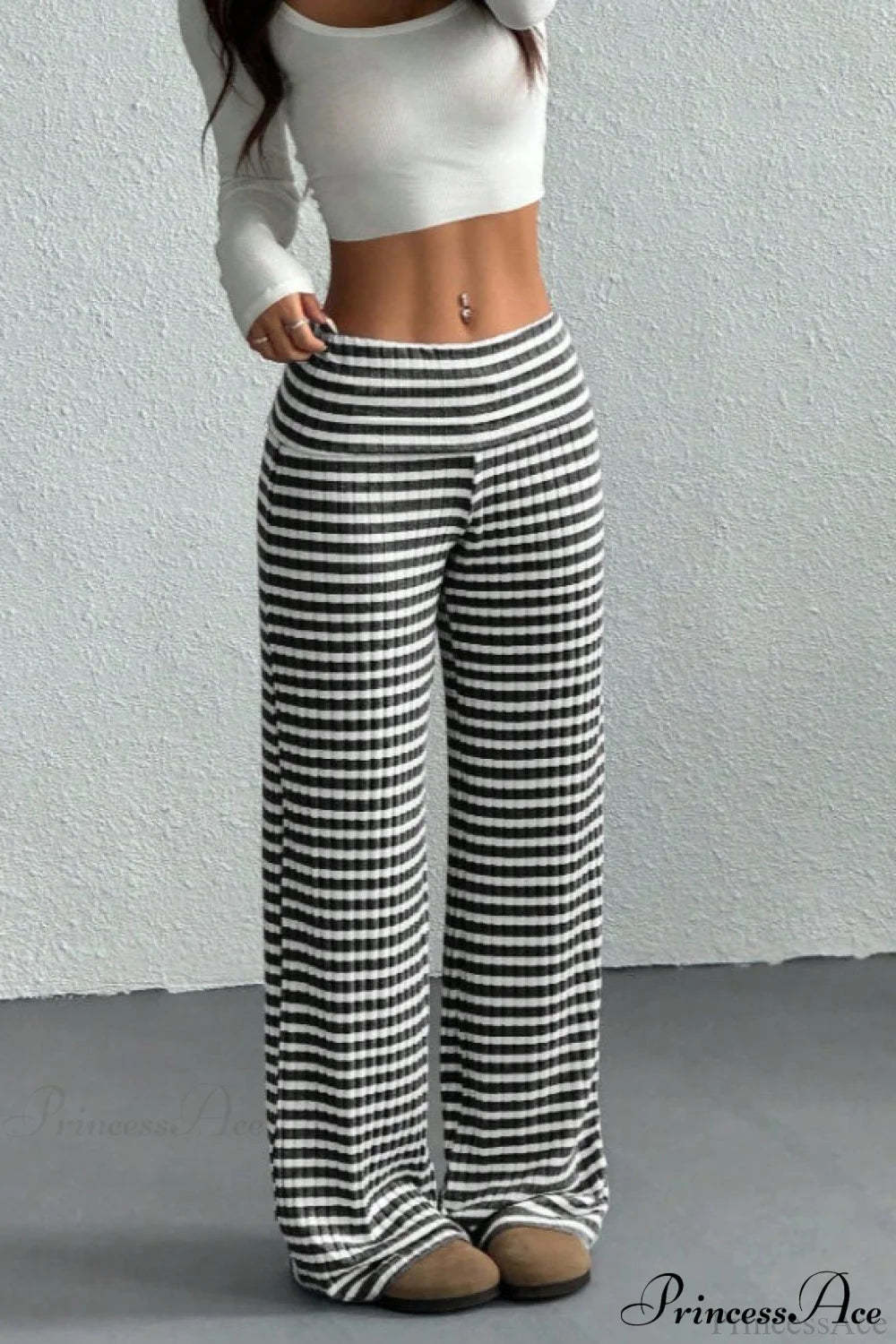 Striped Solid Knit Straight Leg Pants Black / S