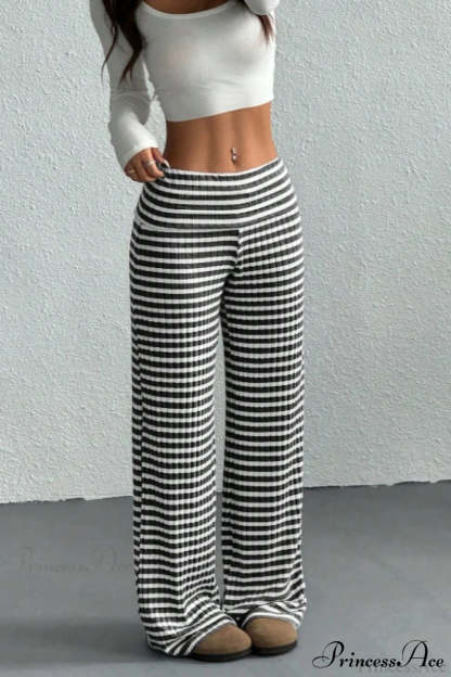 Striped Solid Knit Straight Leg Pants Black / S