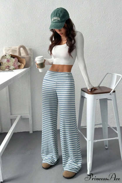Striped Solid Knit Straight Leg Pants Blue / S