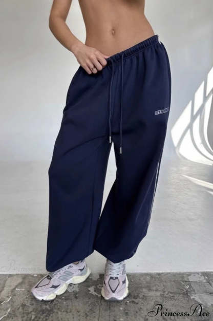 Striped Wide Leg Drapey Convertible Cuffed Pants Dark Blue / S