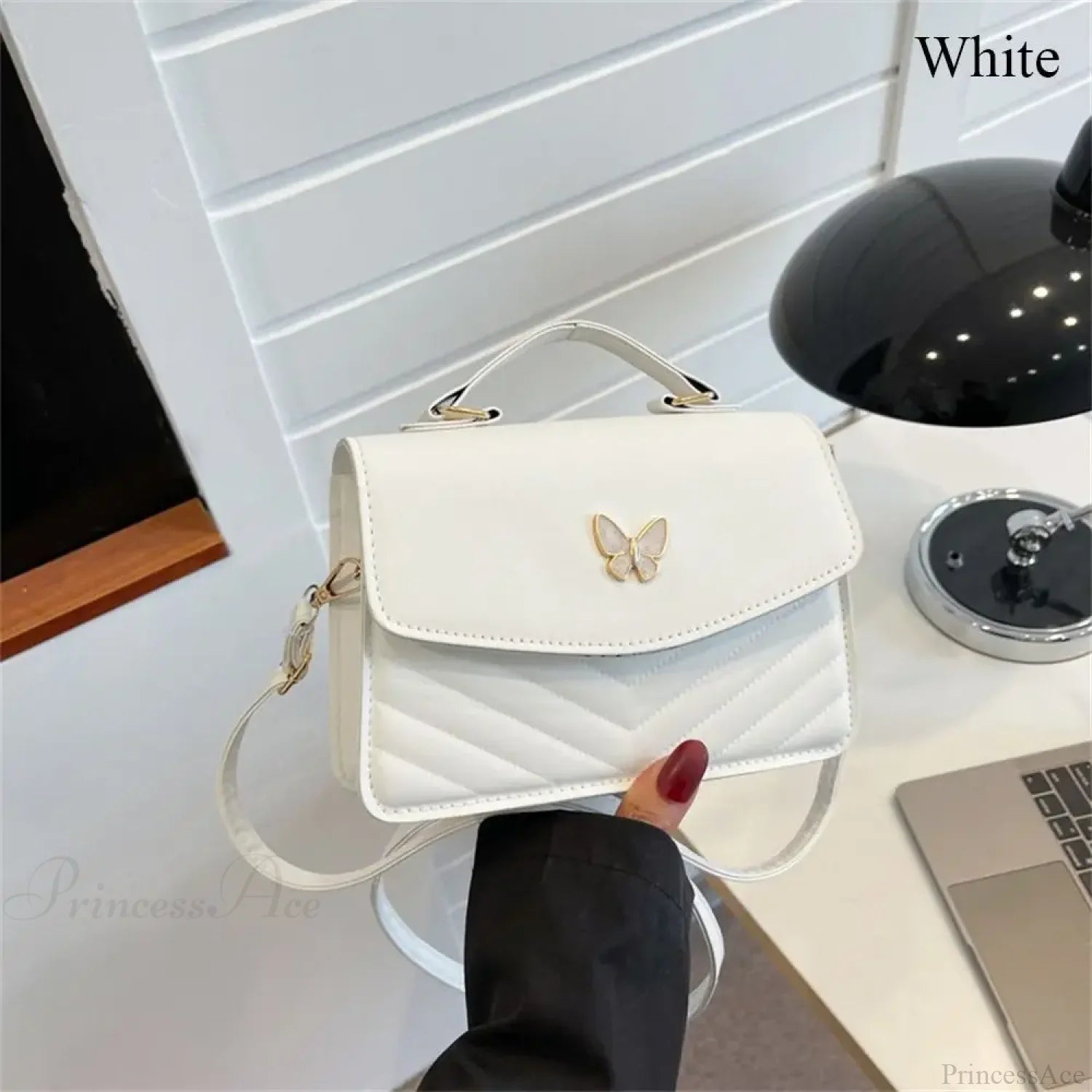 Stylish Butterfly Embroidery PU Leather Handbag White handbag-250126