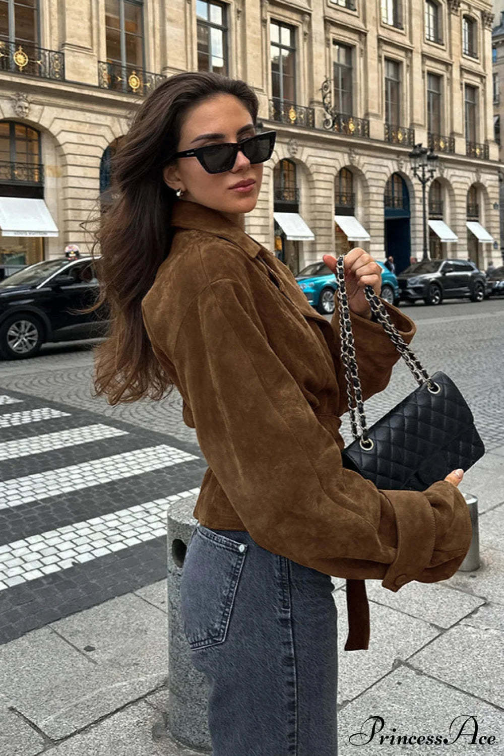 Suede Belted Blazer Collar Elegant Coat