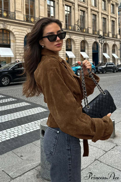 Suede Belted Blazer Collar Elegant Coat