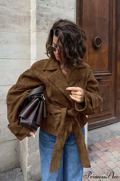 Suede Belted Blazer Collar Elegant Coat Brown / S