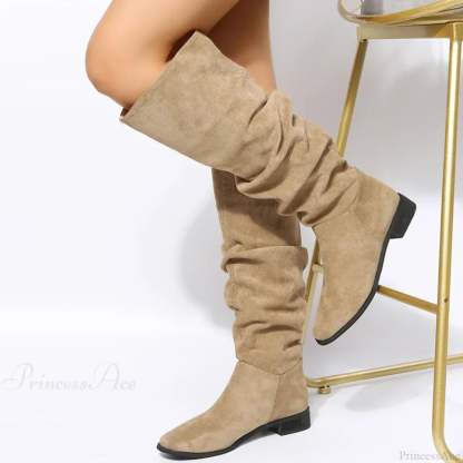 Suede Pointed Toe Knee-High Boots Khaki / 35