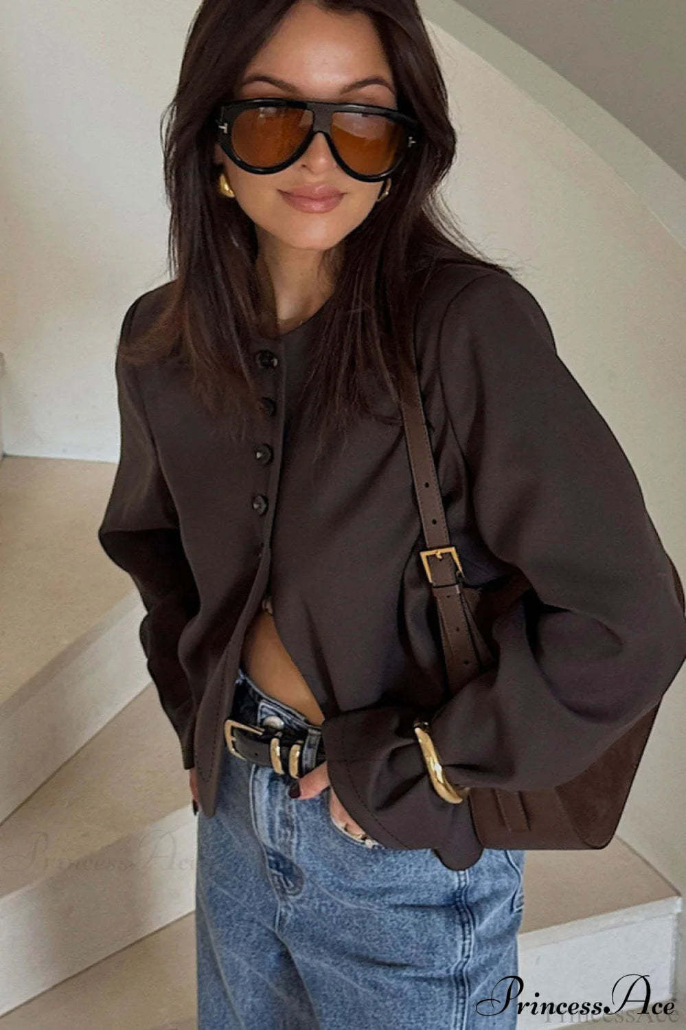 Suede Single Breasted Long Sleeve Coat Brown / S