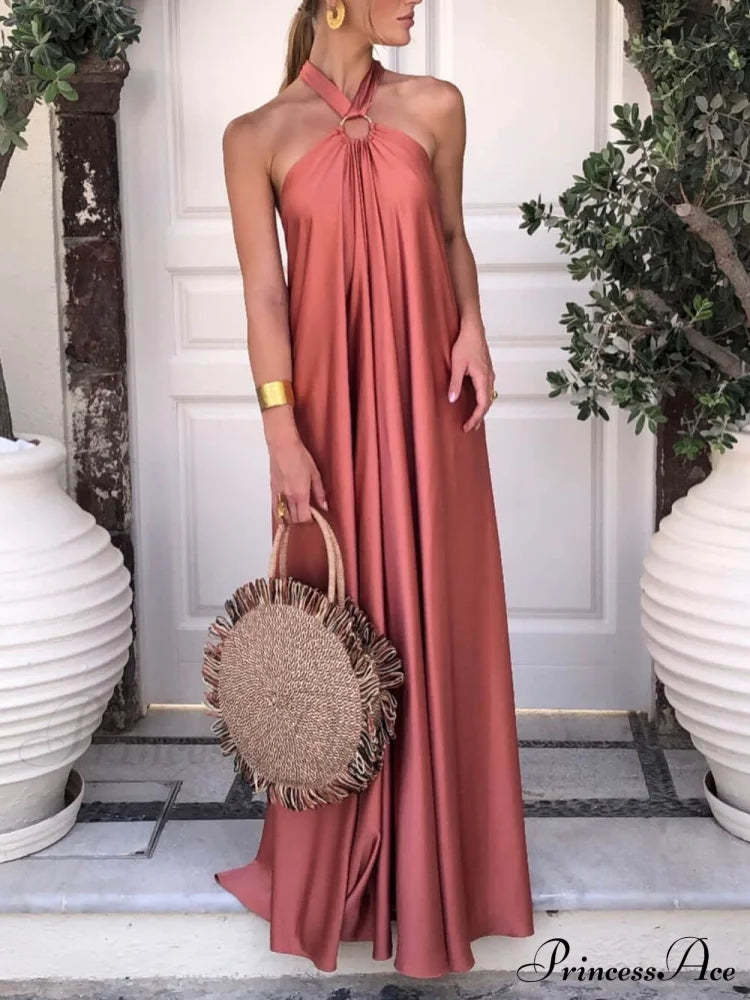 Summer Temperament Satin Charming Halter Swing Gown Dresses