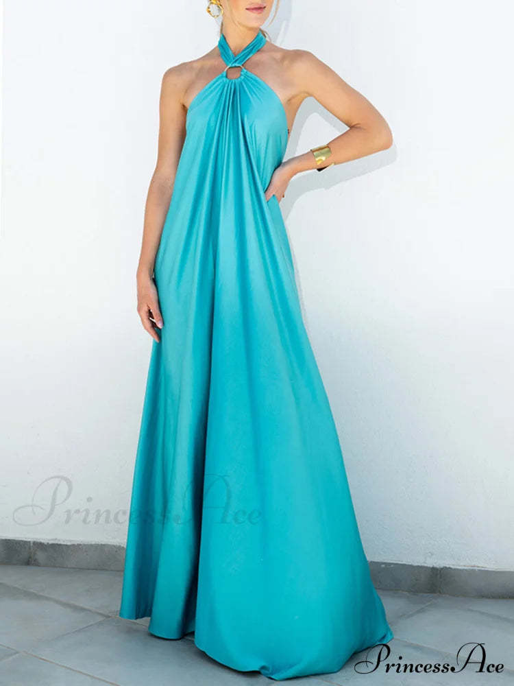 Summer Temperament Satin Charming Halter Swing Gown Dresses Blue / S