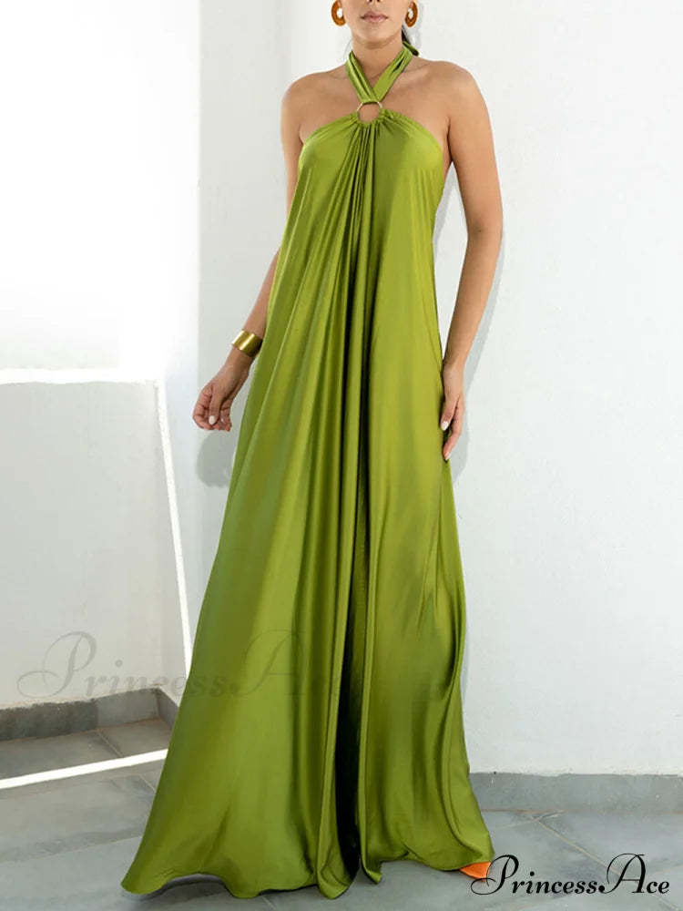 Summer Temperament Satin Charming Halter Swing Gown Dresses Light Green / S