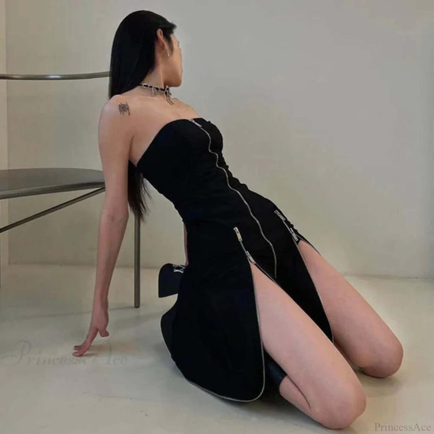 Technical Zip Up Split Ebony Midi Dress