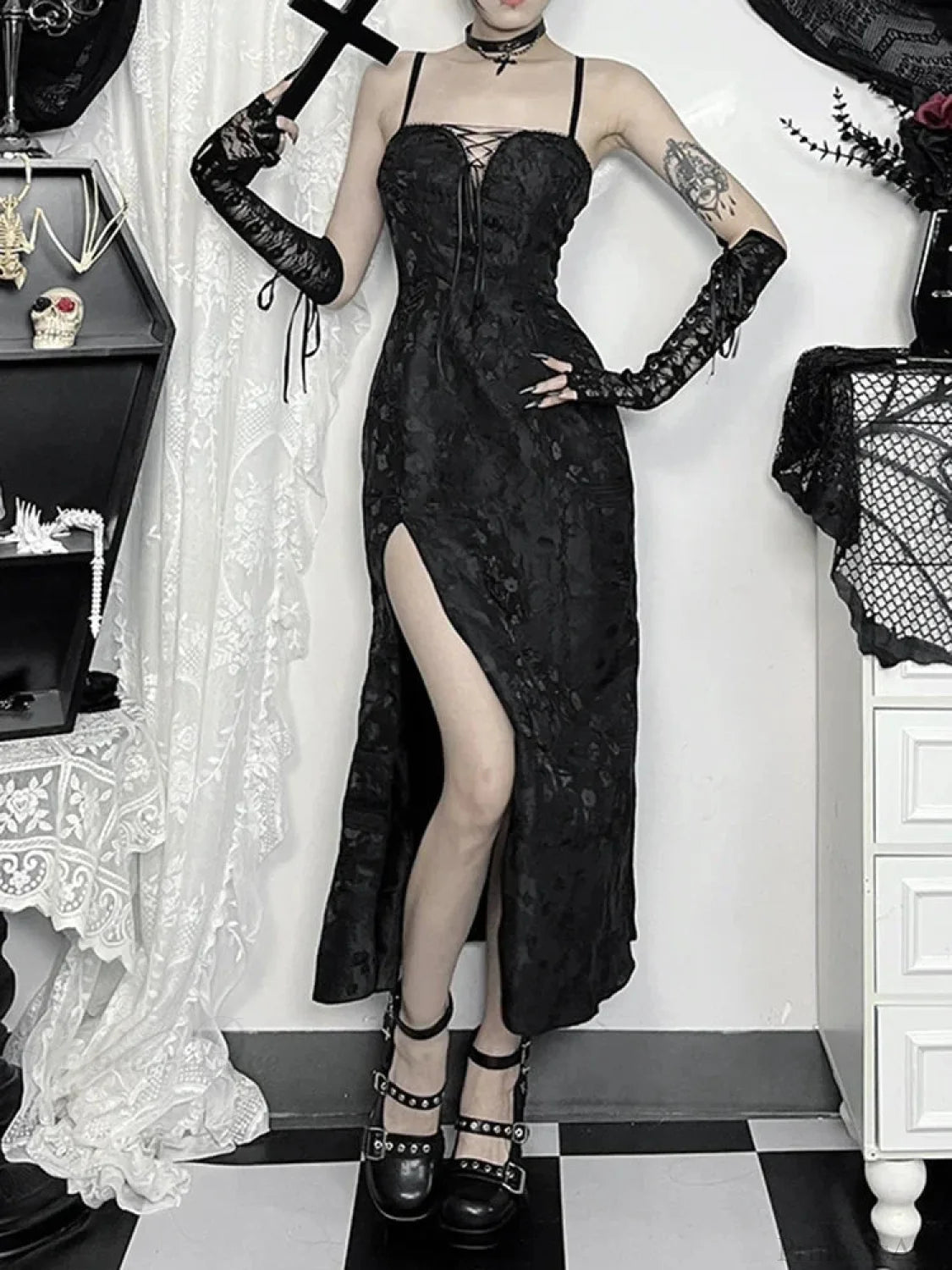 Tie-up Jacquard Thin Spaghetti Medium Dress Black / S