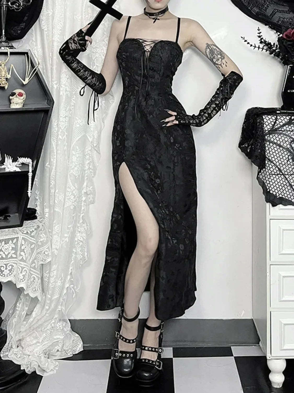 Tie-up Jacquard Thin Spaghetti Medium Dress Black / S