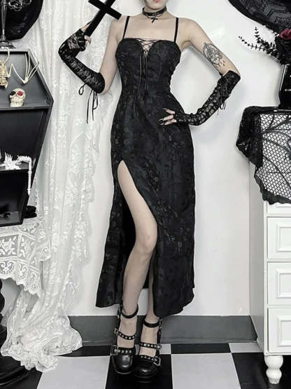 Tie-up Jacquard Thin Spaghetti Medium Dress Black / S