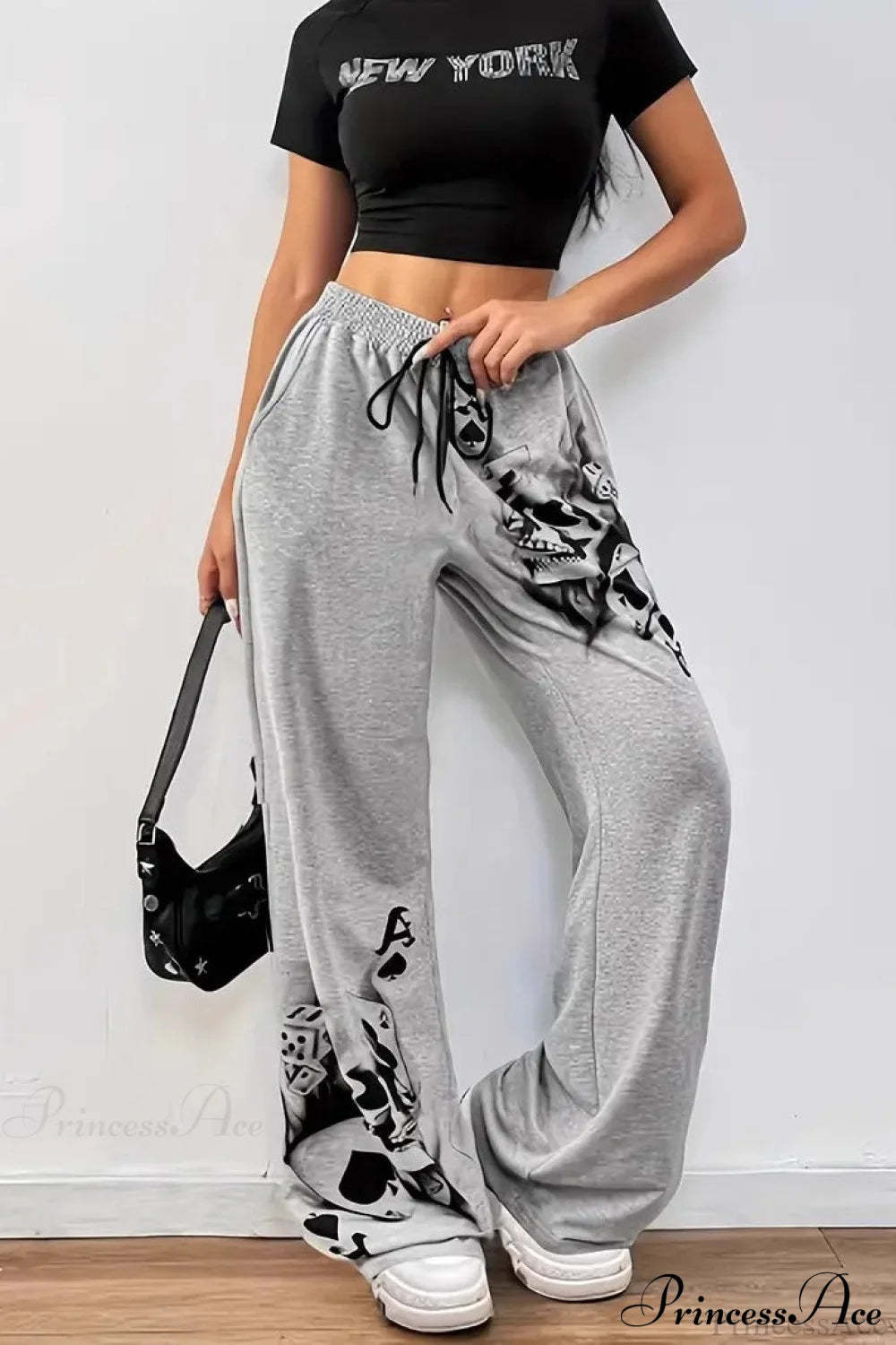 Tire Track Print Drawstring Loose Wide-Leg Pants