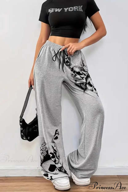 Tire Track Print Drawstring Loose Wide-Leg Pants