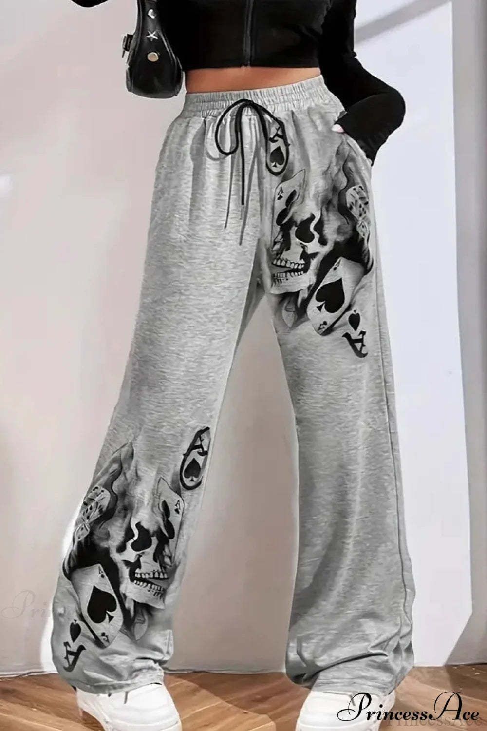 Tire Track Print Drawstring Loose Wide-Leg Pants Gray / S