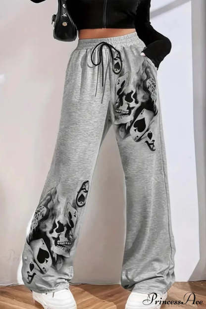 Tire Track Print Drawstring Loose Wide-Leg Pants Gray / S