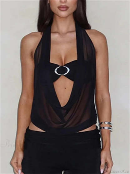 Transparent Mesh Halter Crop Top black / S