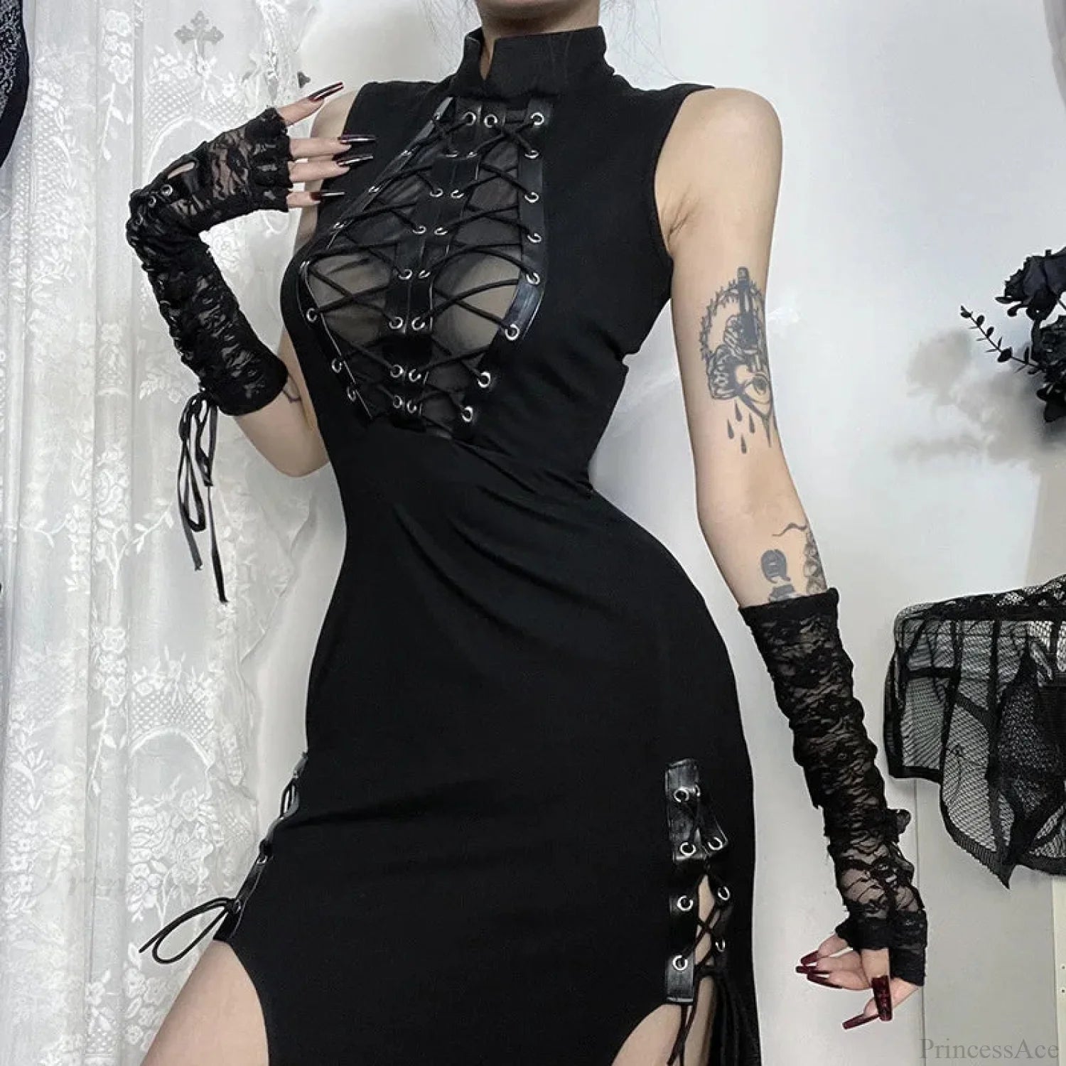 Transparent Patchwork Bandage Hem Midi Dress Black / S