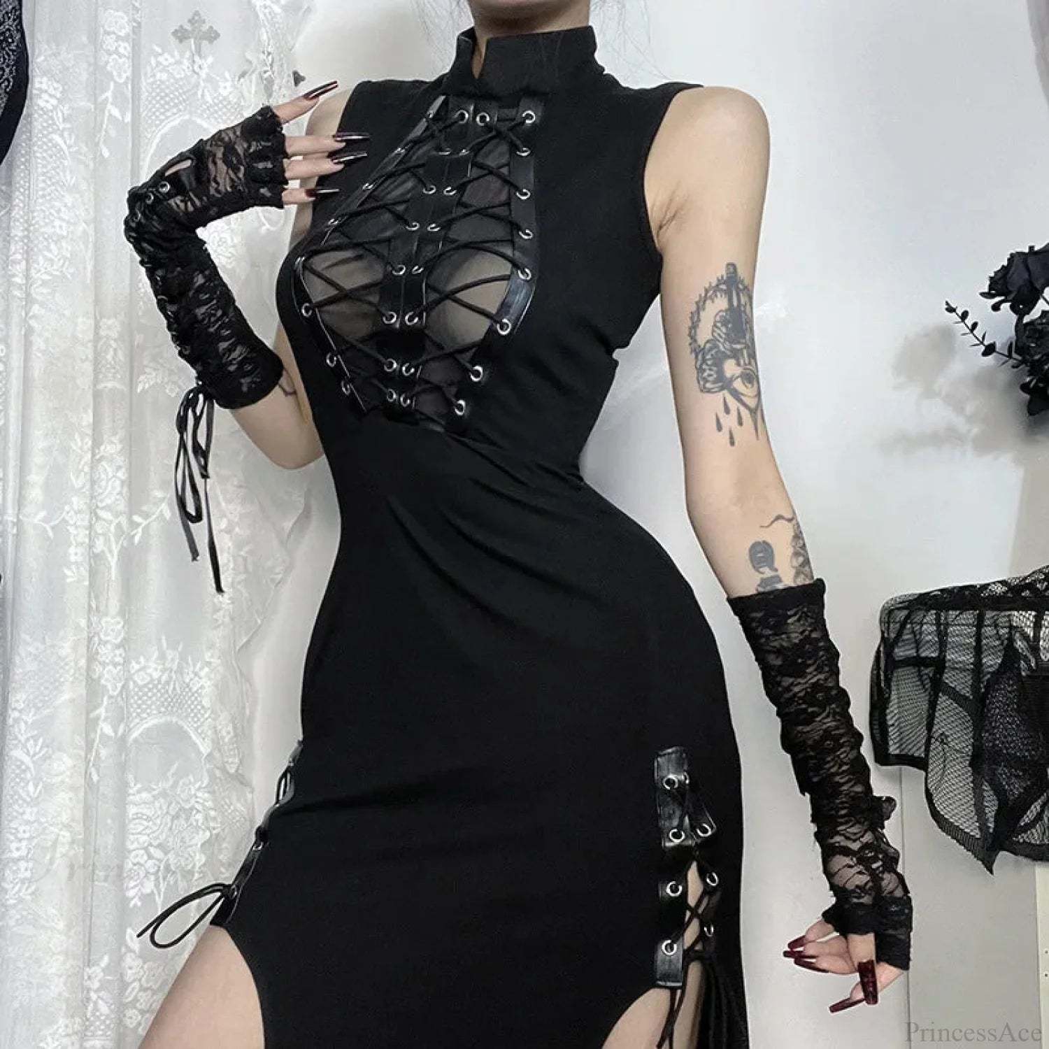 Transparent Patchwork Bandage Hem Midi Dress Black / S