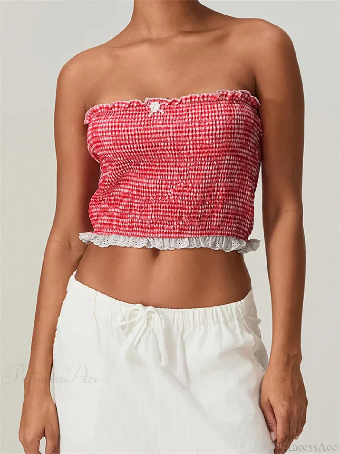 Tube Bow Lace Trim Ruched Plaid Crop Top croptop-250126