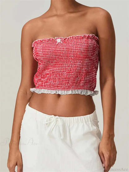 Tube Bow Lace Trim Ruched Plaid Crop Top croptop-250126