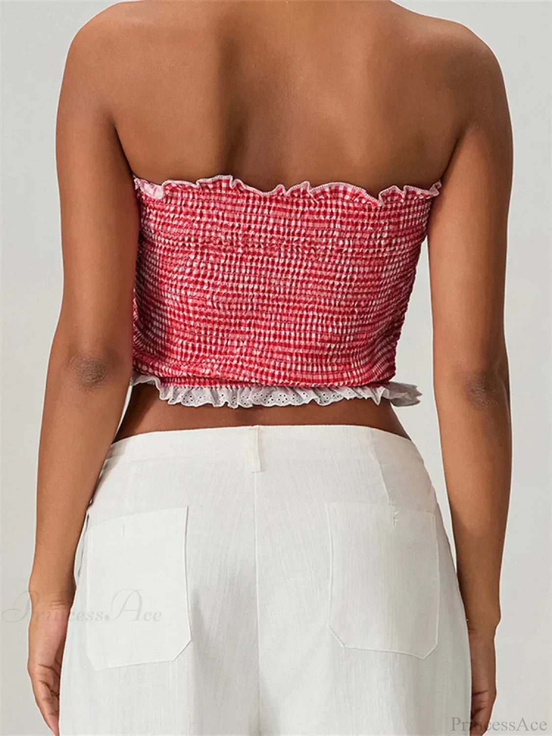 Tube Bow Lace Trim Ruched Plaid Crop Top croptop-250126