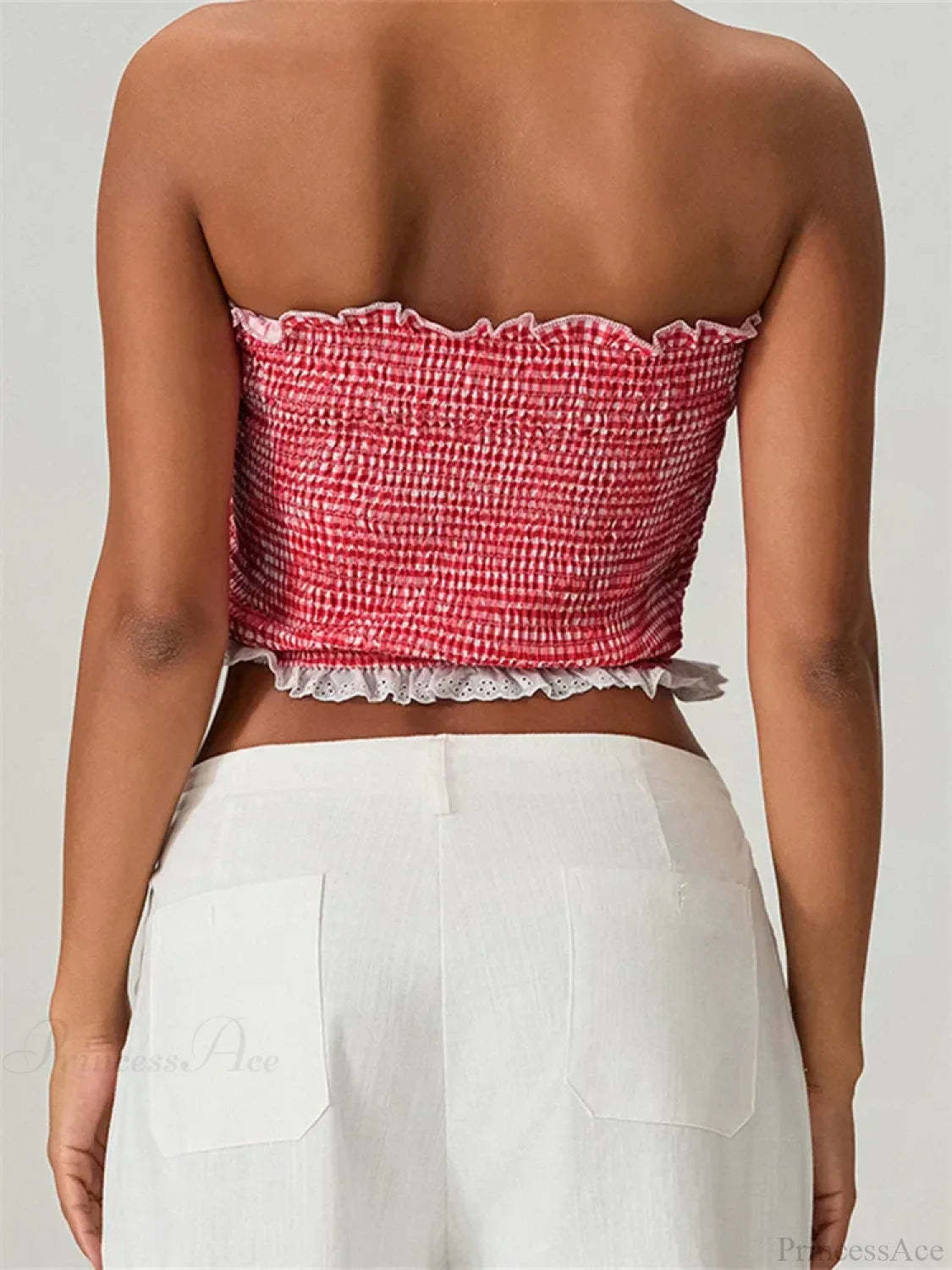 Tube Bow Lace Trim Ruched Plaid Crop Top croptop-250126