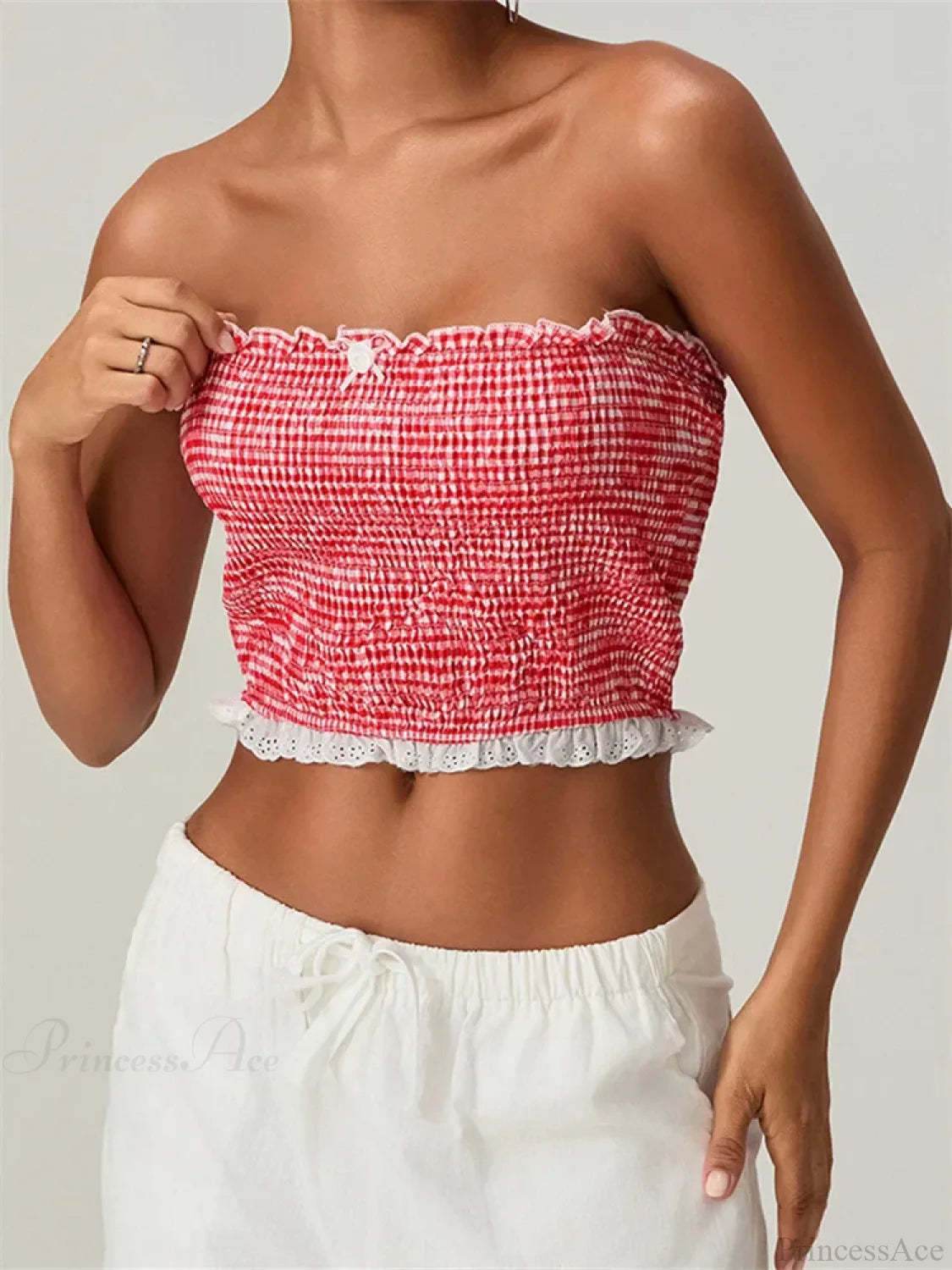 Tube Bow Lace Trim Ruched Plaid Crop Top croptop-250126
