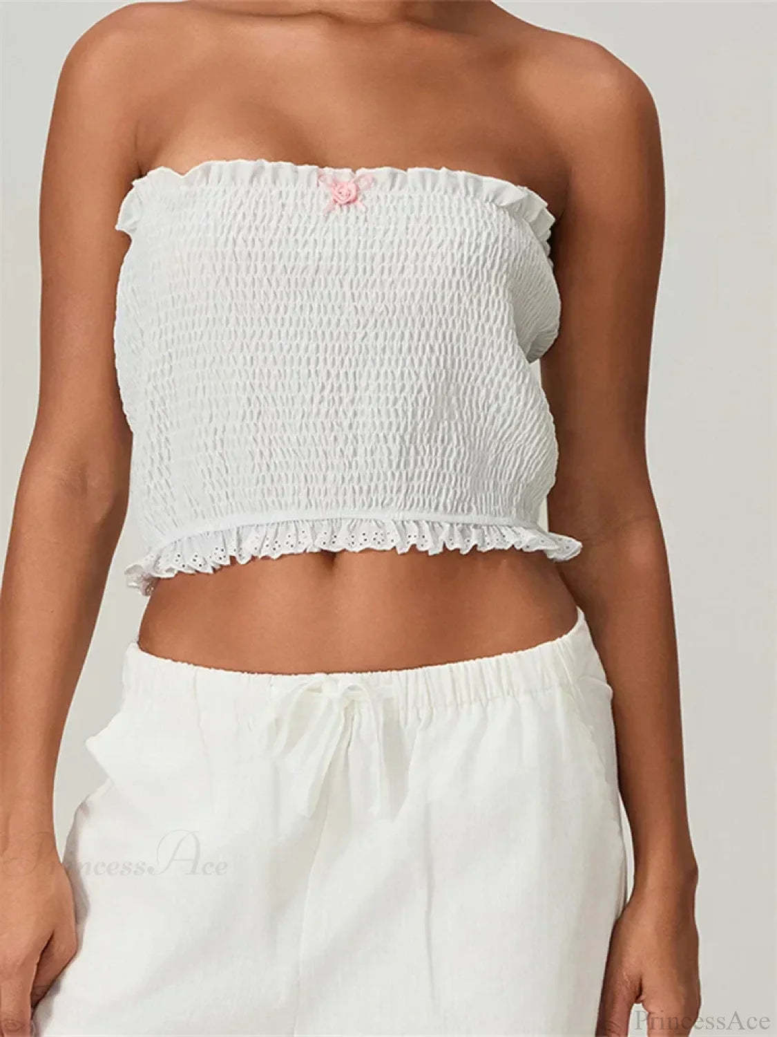 Tube Bow Lace Trim Ruched Plaid Crop Top croptop-250126