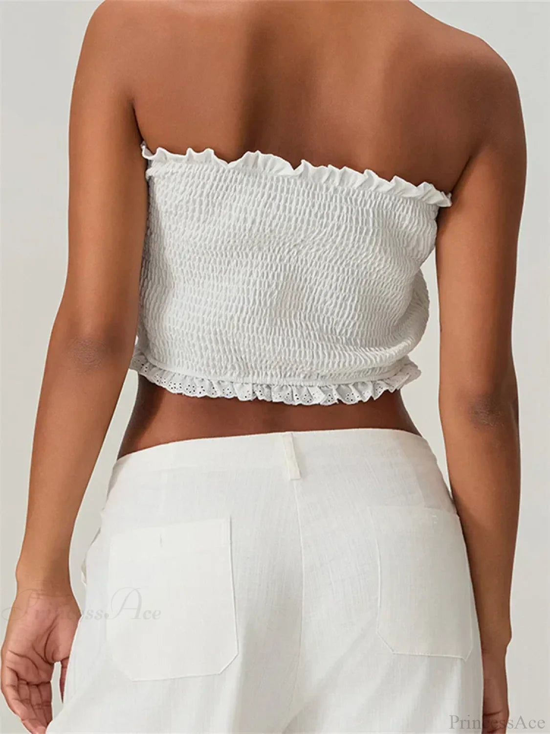 Tube Bow Lace Trim Ruched Plaid Crop Top croptop-250126