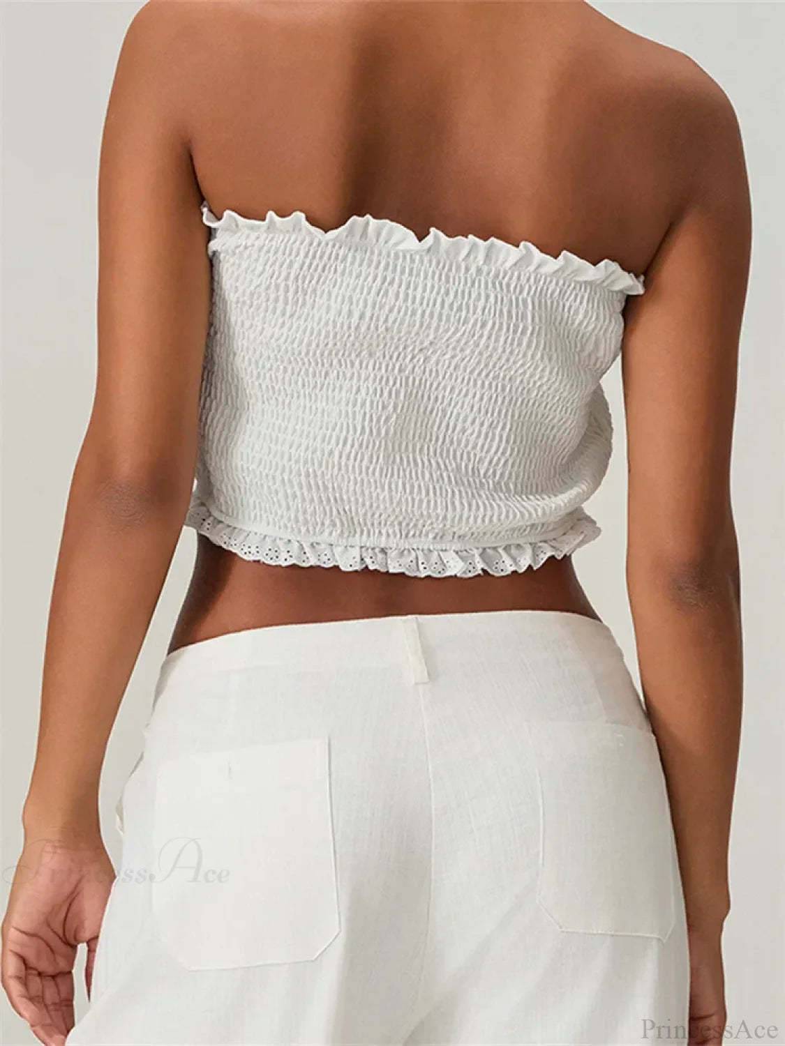 Tube Bow Lace Trim Ruched Plaid Crop Top croptop-250126