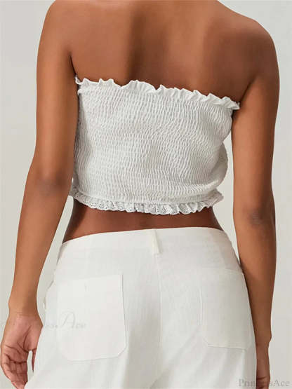 Tube Bow Lace Trim Ruched Plaid Crop Top croptop-250126