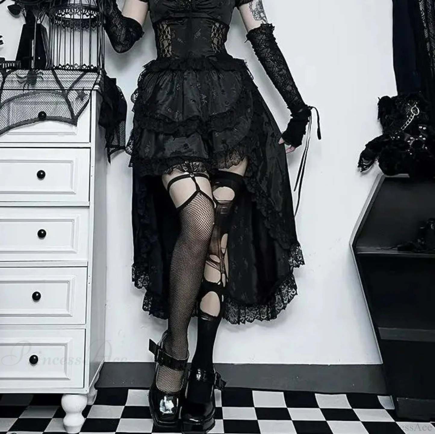 Uneven Folded Lace Black Midi Dress