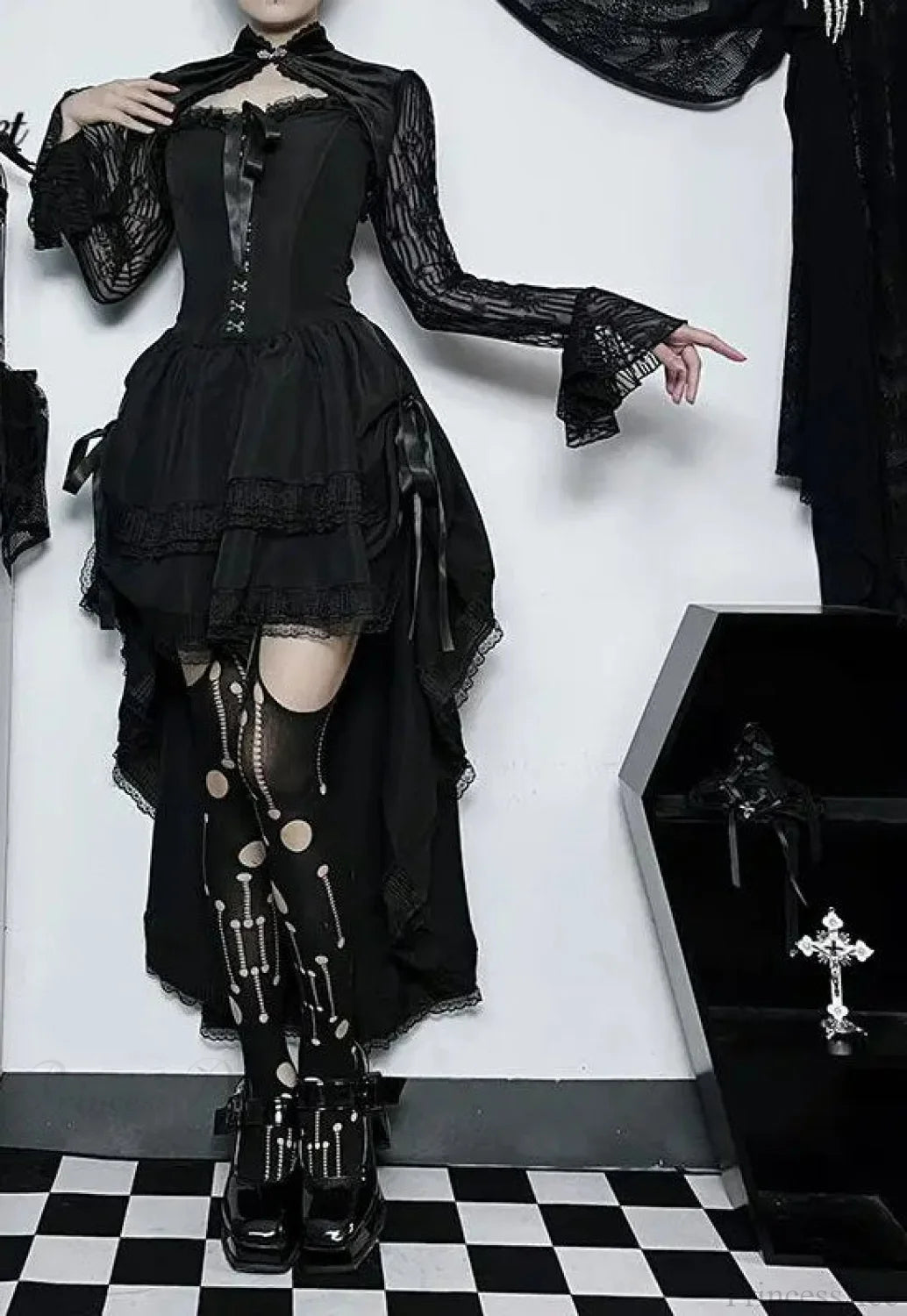 Uneven Folded Lace Black Midi Dress