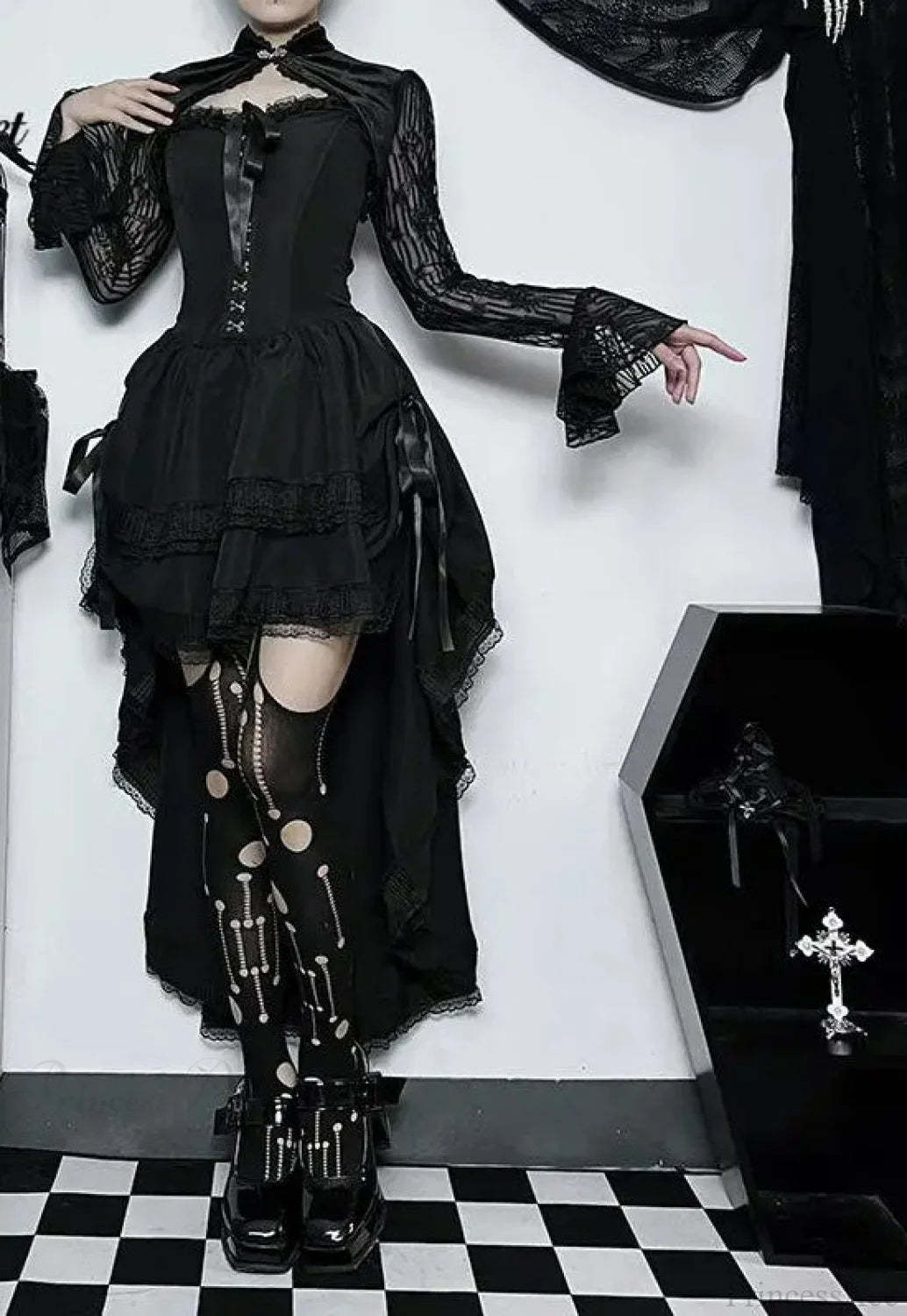 Uneven Folded Lace Black Midi Dress