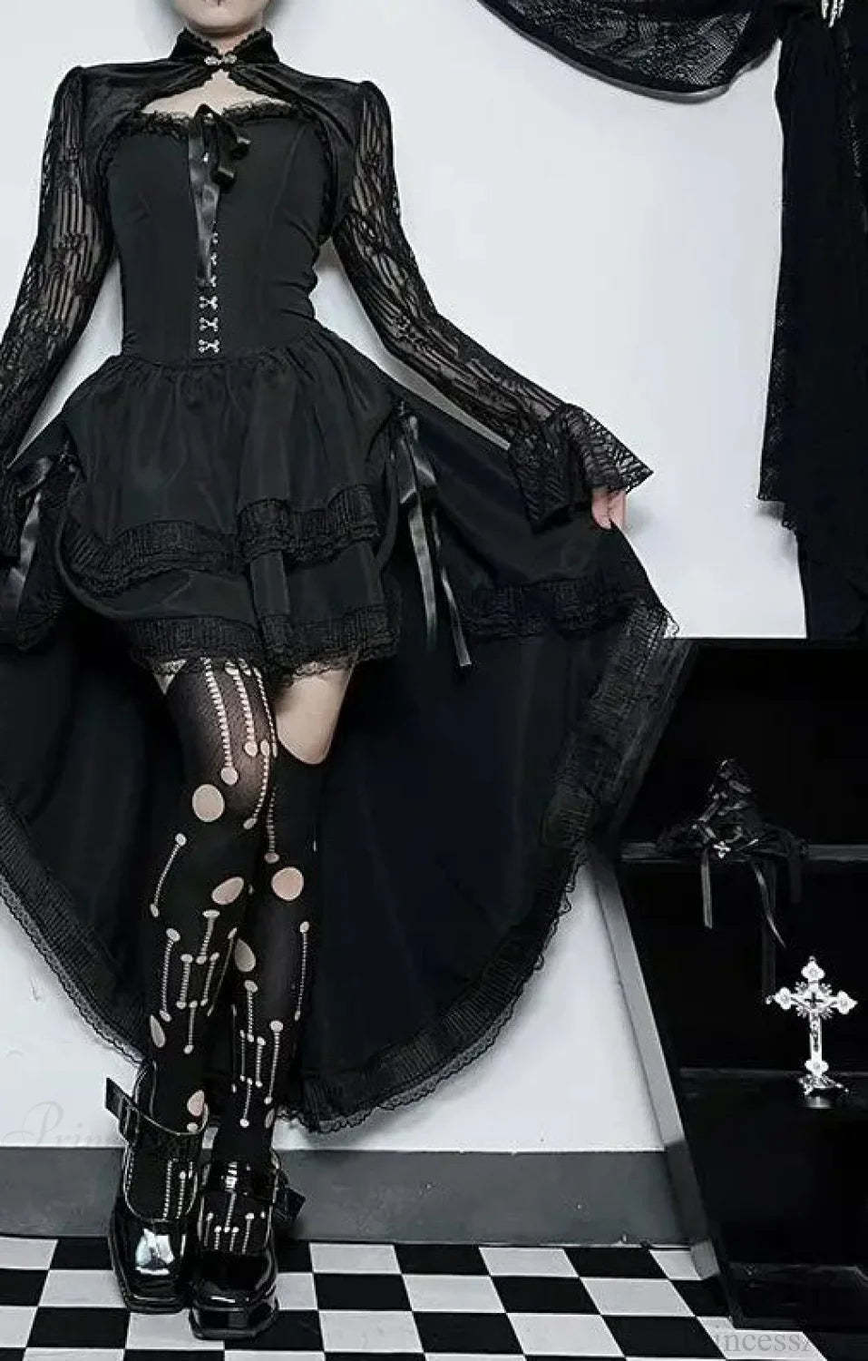 Uneven Folded Lace Black Midi Dress