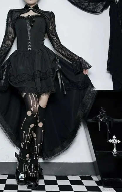 Uneven Folded Lace Black Midi Dress