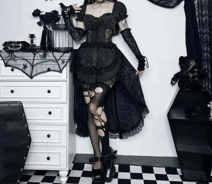 Uneven Folded Lace Black Midi Dress black / S