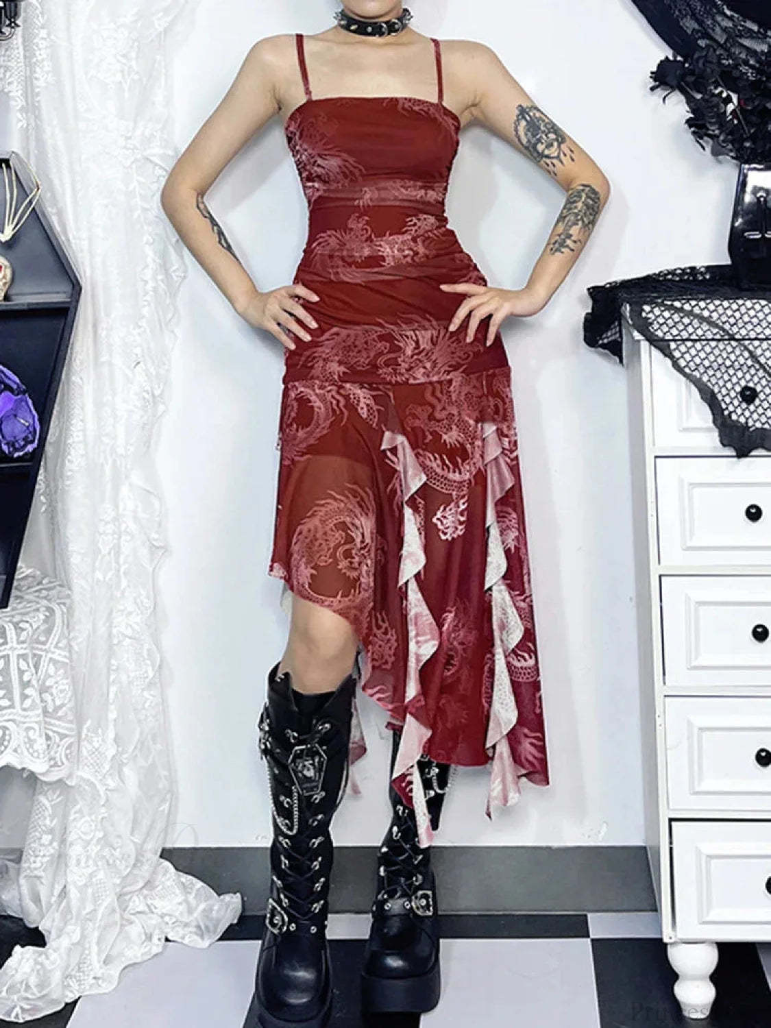 Uneven Suspenders Sleek Midi Dress