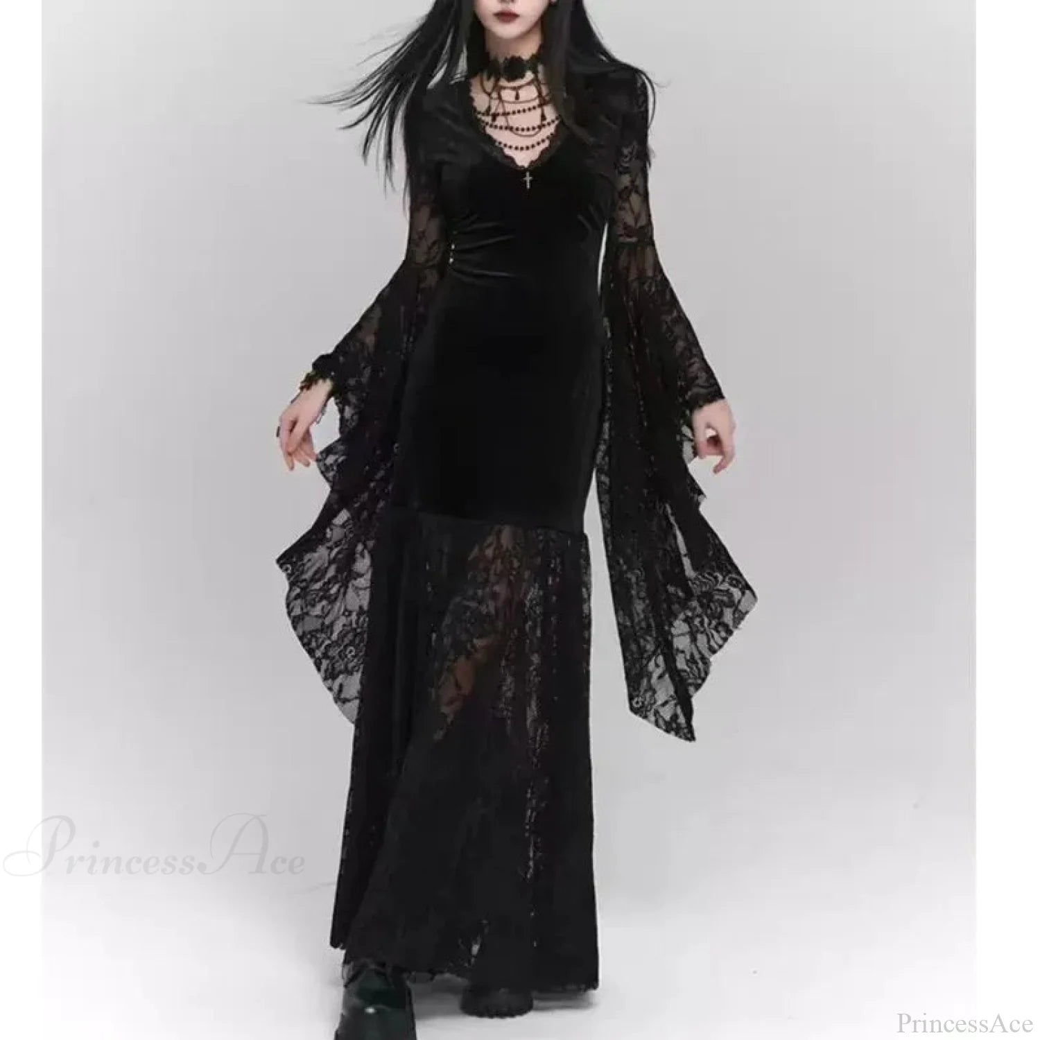 V-neck Irregular Flare Lace Midi Dress Black / S